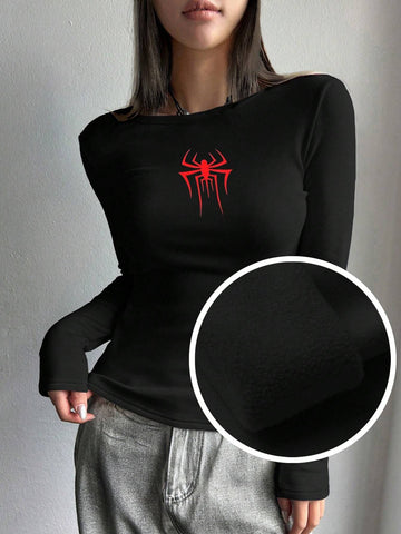 Black, women's velvet base shirt, long sleeved round neck tight fitting shirt, red spider pattern on the chest