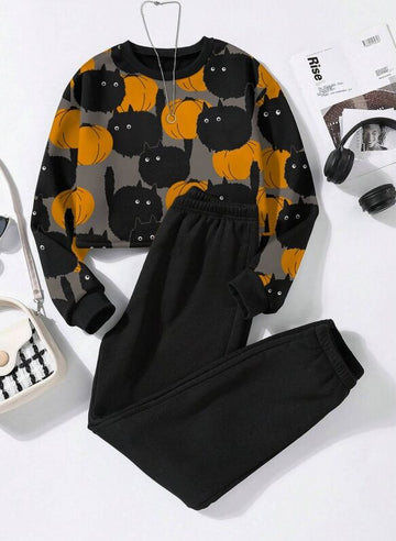 Black, women's hoodie set, long sleeved pants, round neck, top with black kitten, orange pumpkin pattern evenly distributed, pure black pants