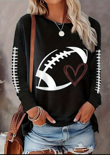 Black, women's T-shirt with rugby pattern printed on the front chest
