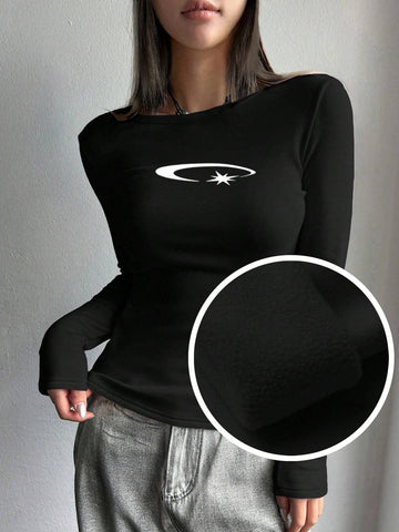 Black, women's velvet base shirt, long sleeved round neck, white pattern on chest