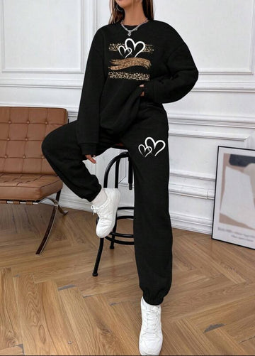 Black, women's hoodie set, long sleeved pants, round neck, front chest of top, 2 heart-shaped patterns printed on top of left leg