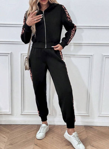 Black, women's hoodie set, hooded sweatshirt, long sleeved pants with leopard print pattern on the outer side of the sleeves and legs