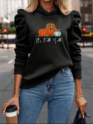 Black, women's hoodie, hooded top, long sleeves, bubble sleeves