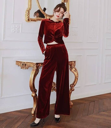 Wine red, women's velvet suit, long sleeved shirt with lace collar, loose pants