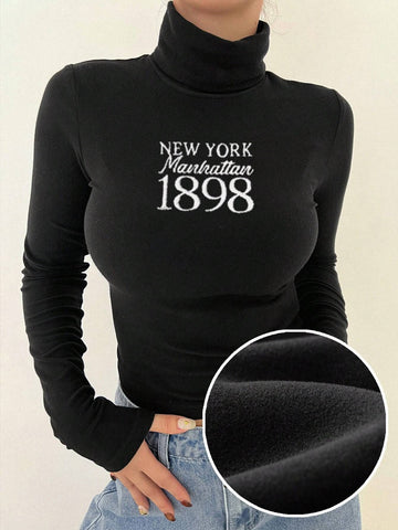Black, women's velvet base shirt, long sleeved high neck tight fitting shirt, white 1898 number pattern on the chest