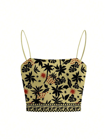 Yellow, women's tank top with floral print