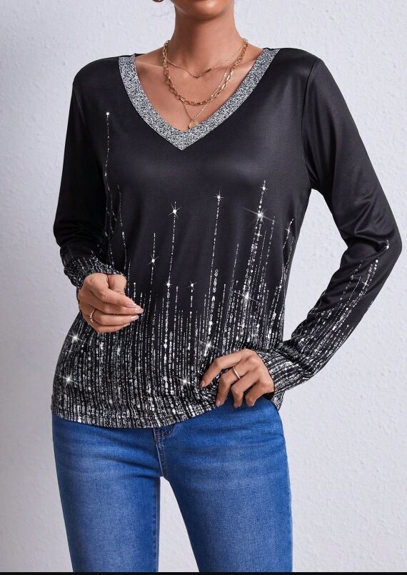 Black, women's T-shirt, V-neck, with silver starry decorations on the clothes