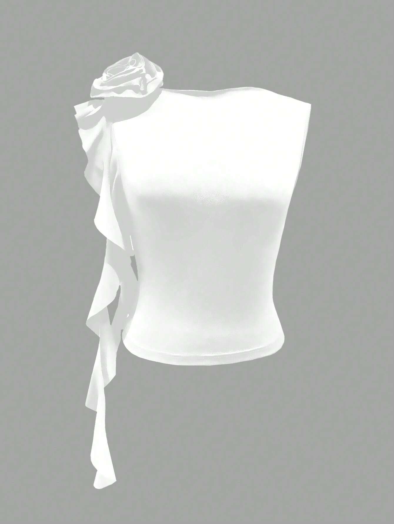 White, women's strapless vest, tight fitting sleeveless style, with white flower and ruffle decoration on the right shoulder
