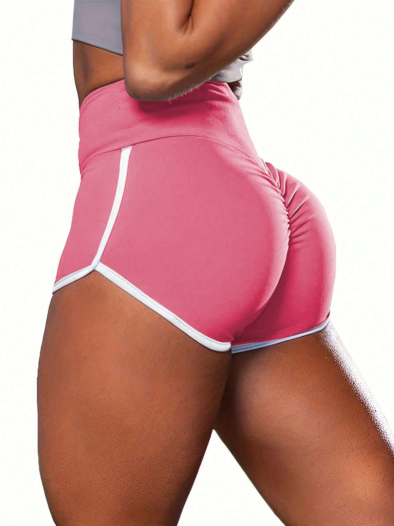 Pink, women's shorts, white border decoration, casual sports style