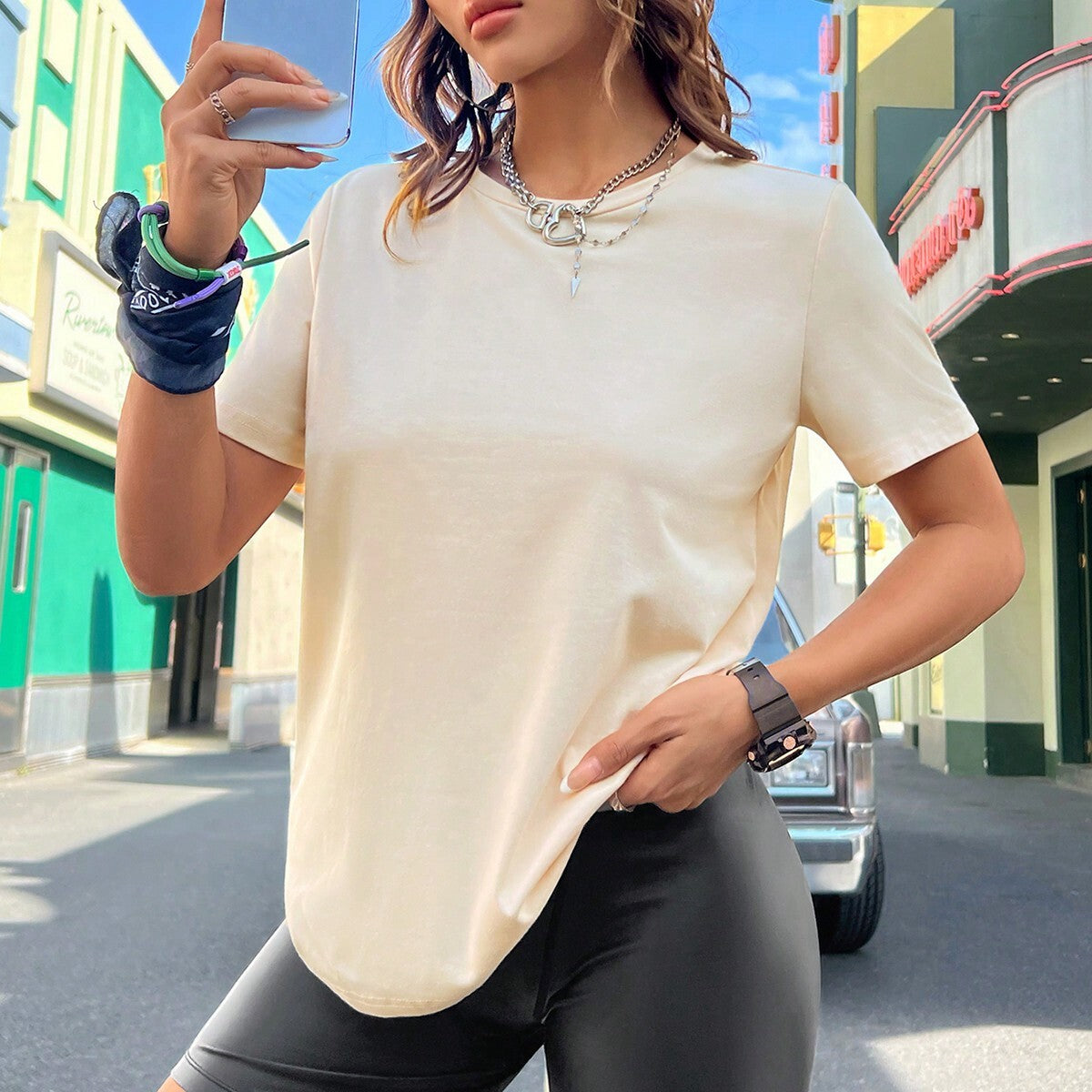 Deep apricot color, women's T-shirt, casual loose fit