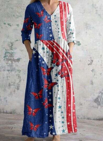 American Star Spangled Flag, Butterfly Print, Short Sleeve Dress