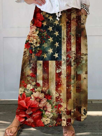 Ladies' long dress, retro American style, starry flag, printed long dress