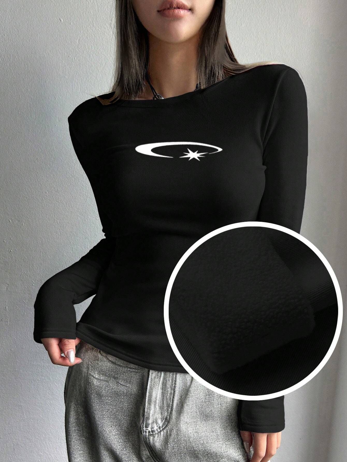 Black, women's velvet base shirt, long sleeved round neck, white pattern on chest