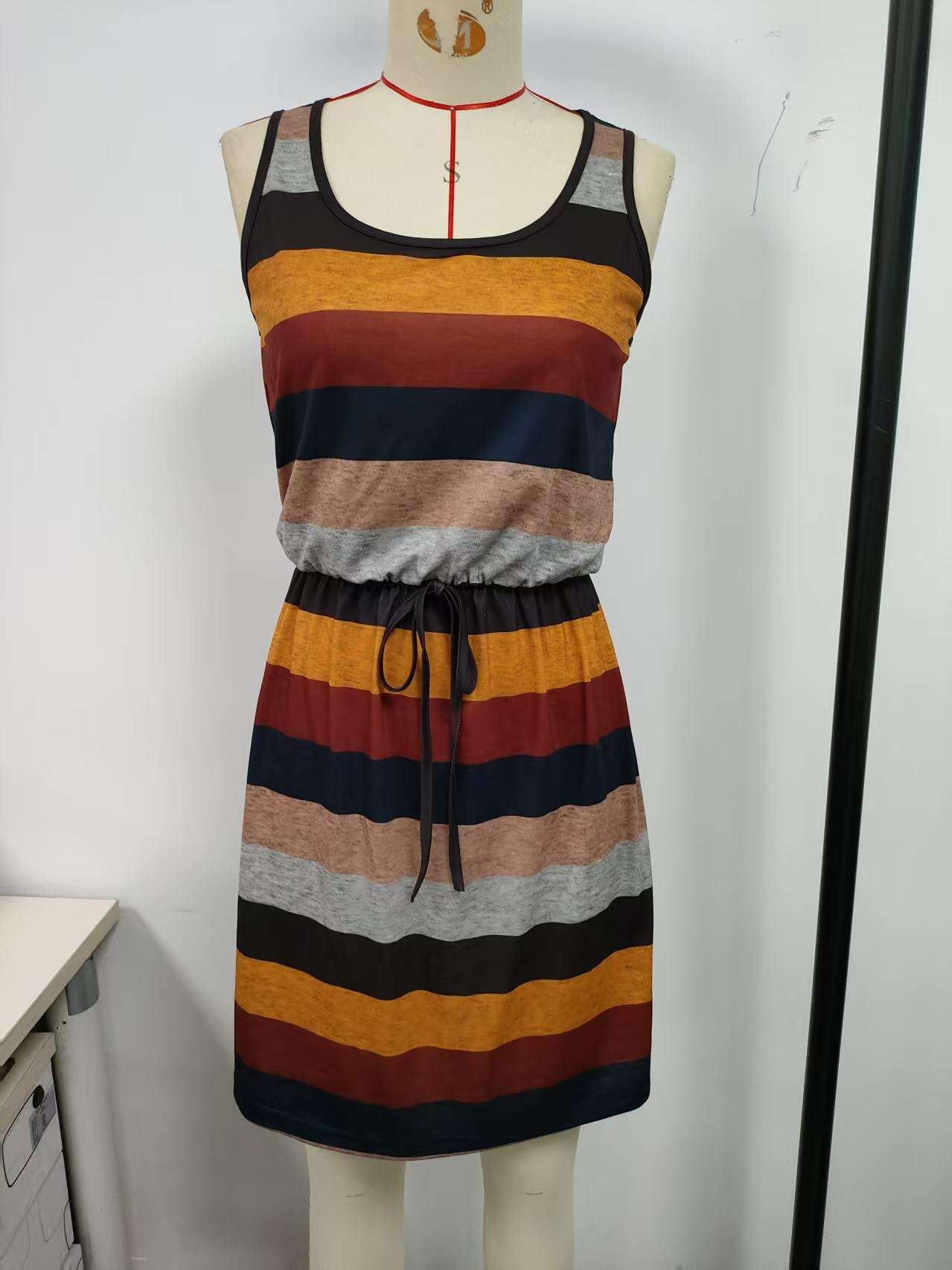 Multi colored, sleeveless, women's dress, black, yellow, burgundy, navy blue, khaki, gray six color horizontal stripe splicing