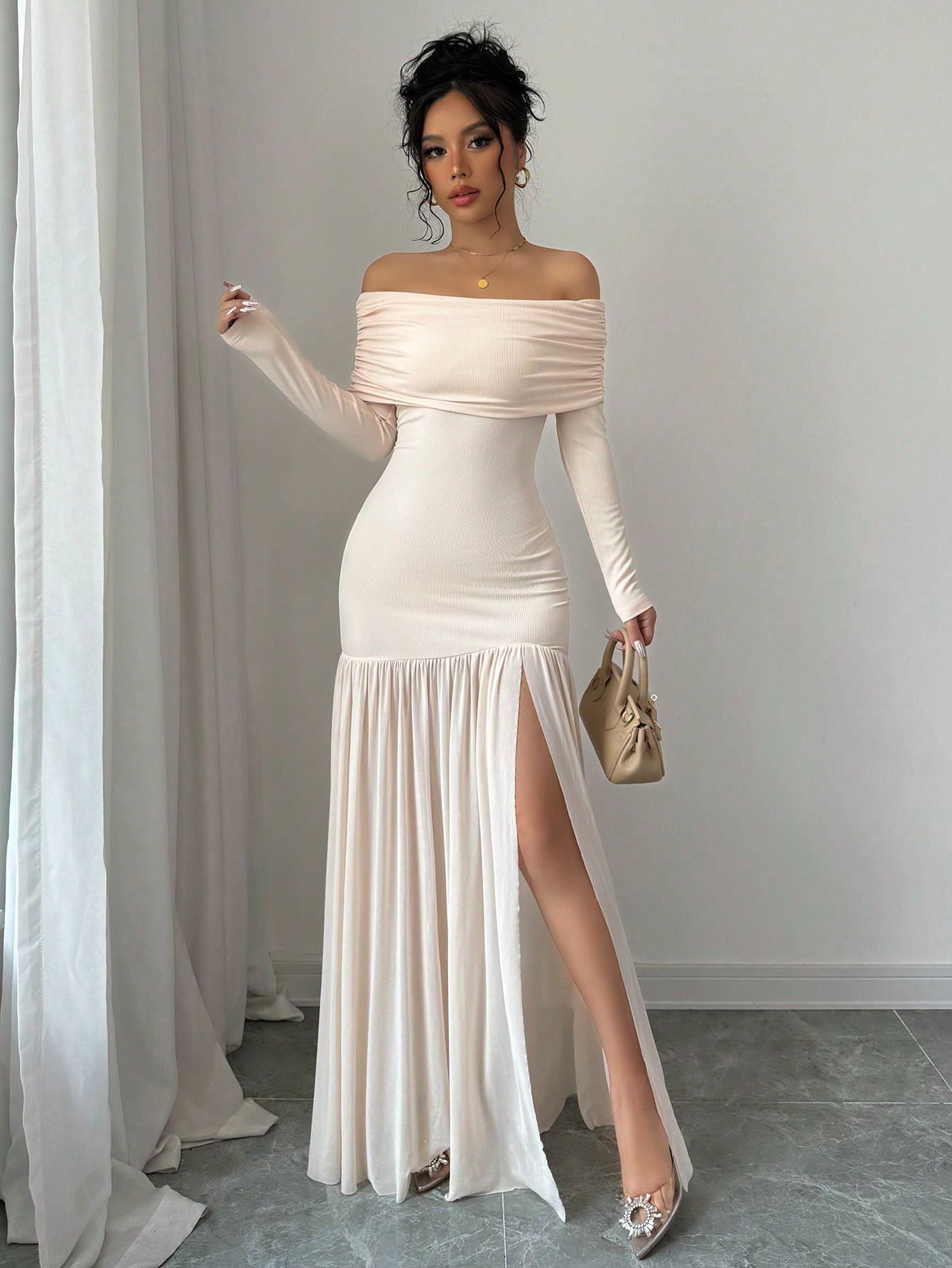 White, women's dress, one lapel, skirt over ankle