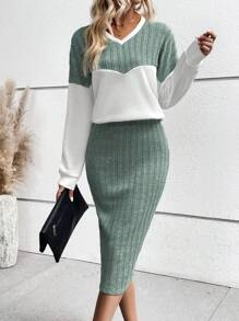 Green, women's suit skirt, long sleeved loose top, green bottom skirt, length painted