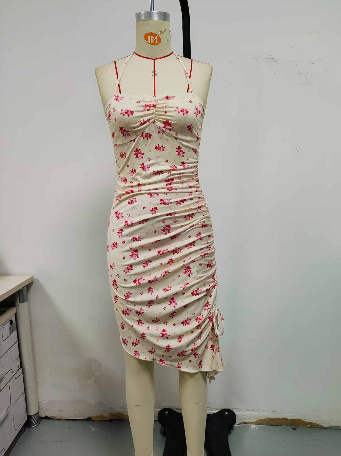 Beige, floral dress, camisole style, small flowers - red print