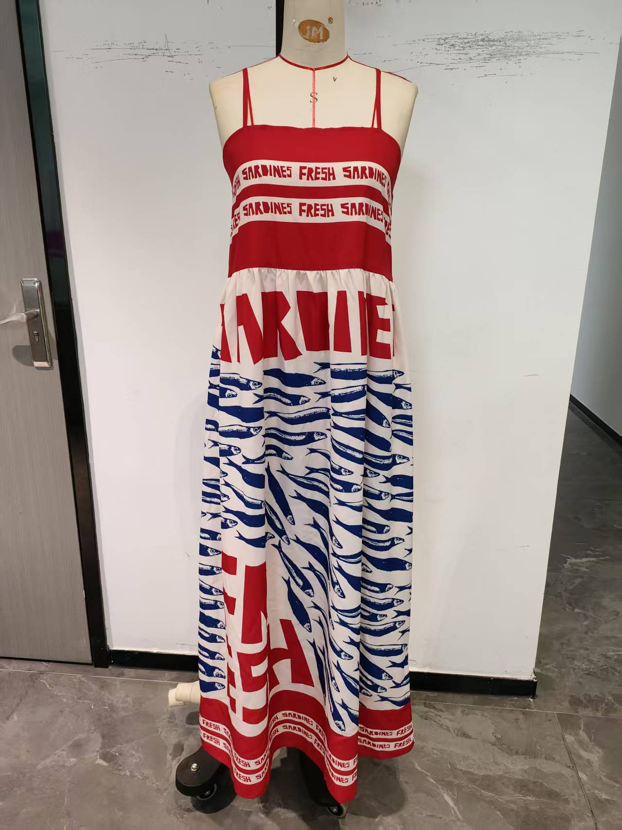 Red, letter print, fish pattern, camisole dress