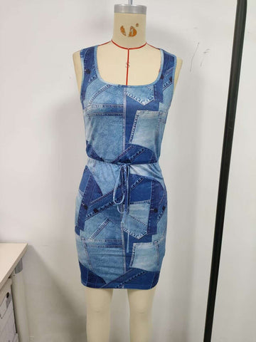 Blue, imitation denim dress, U-neck, sleeveless