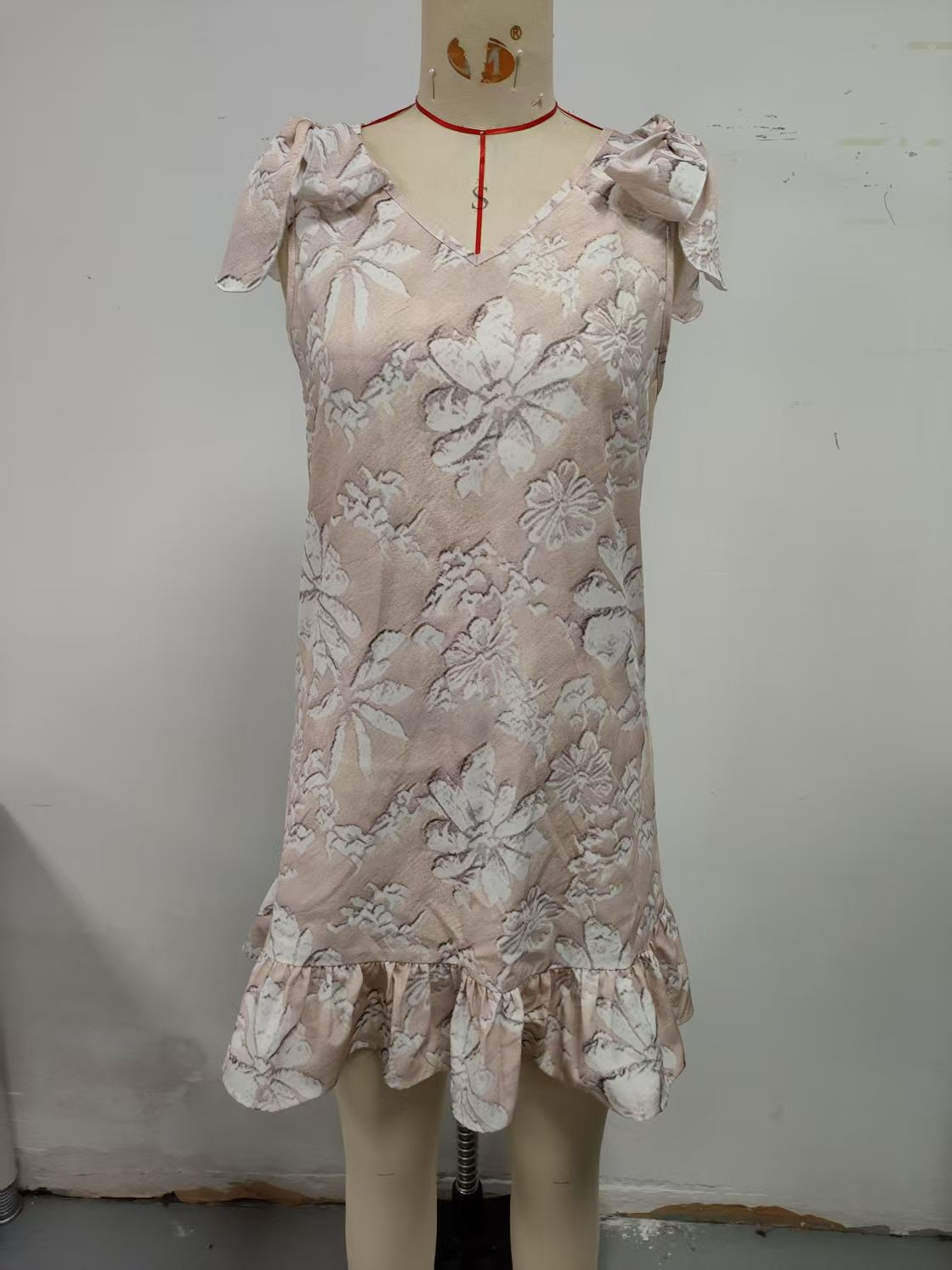 Apricot colored, tied with a bow, camisole short dress - fully embroidered