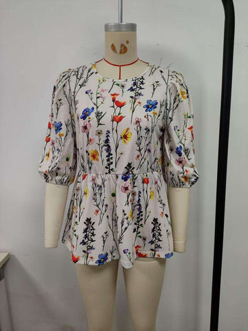 Beige, floral women's T-shirt, round neck